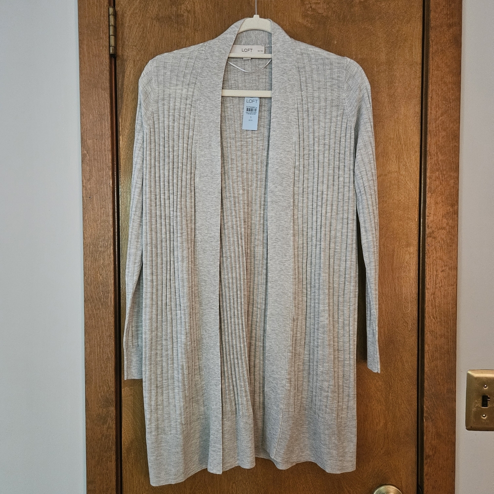 LOFT Petites Gray Open Front Longline Ribbed Cardigan